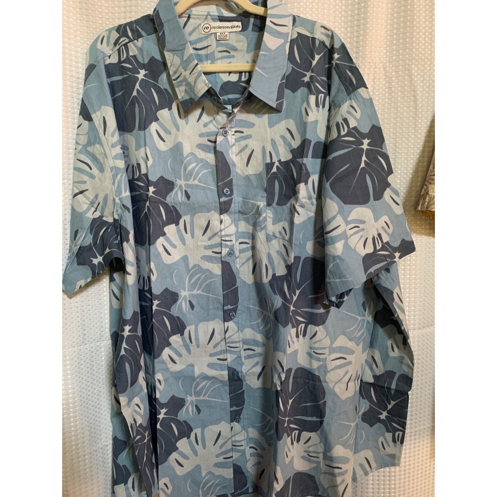Real Essentials Mens 4XT Blue Monstera Leaf Tropical Cotton Button Down Shirt